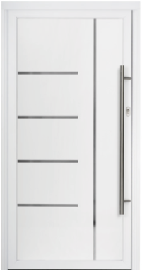 Aluminium Residential Doors - White solid panel with medium length stainless steel pull bar handle